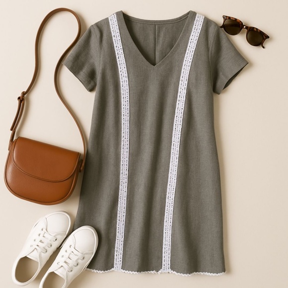 ✨ Lumière Linen-Cotton Shift Dress with Crochet Trim | Size S - Picture 2 of 11